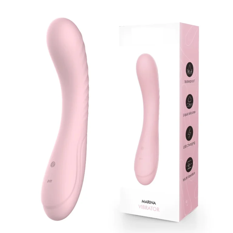 JW-S42 pink curved vibrator beside its packaging