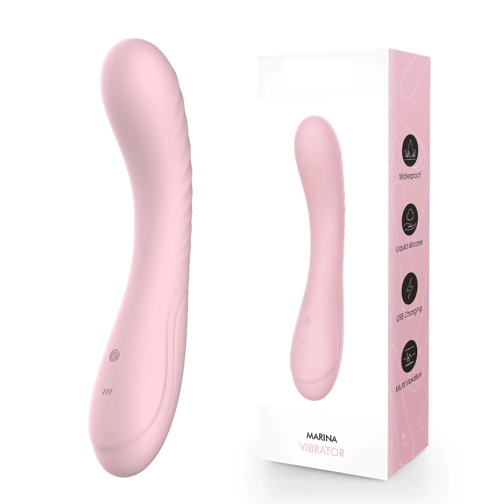 JW-S42 pink curved vibrator beside its packaging
