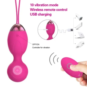 JW-S52 vibrating Kegel ball with power button, USB charging detail and handheld remote