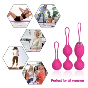 JW-S52 Kegel ball units with retrieval loops beside everyday activity illustrations