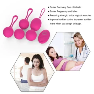 JW-S52 pink Kegel ball set and remote in a wellness-themed promotional graphic