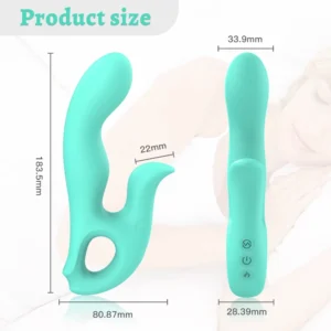 JW-S53 heating rabbit vibrator front and side views with dimension annotations