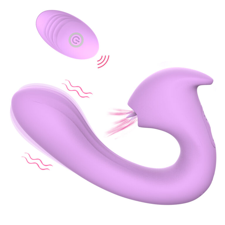 Purple tongue-licking vibrator with curved arm and remote — JW-S56