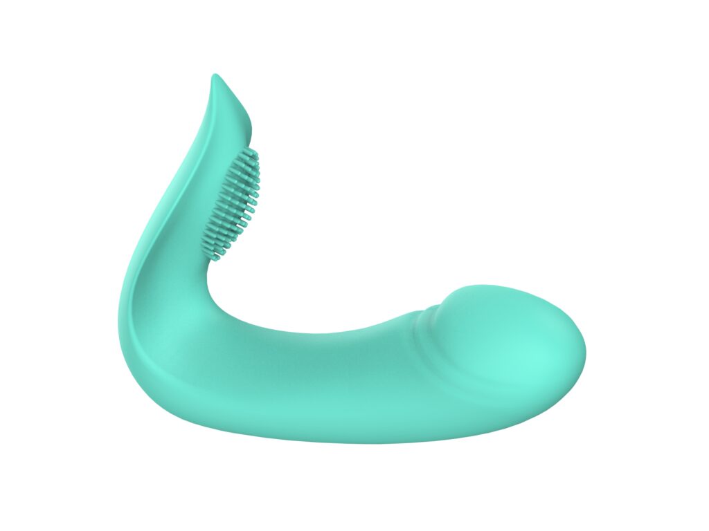 Mint-green two-arm wearable vibrator with a raised textured contact strip — JW-S72