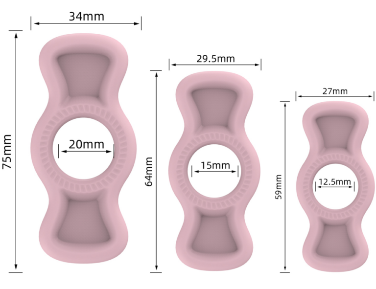 Three pink contoured rings with labeled lengths and inner opening dimensions — JW-S78